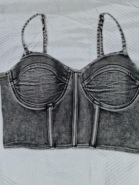 YMI Denim Bustier Crop Top in Gray Size Small